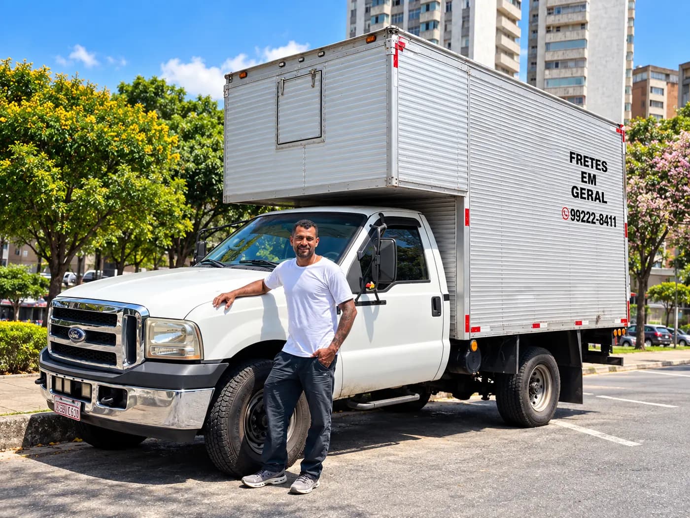 Responsável da Fausto Carretos ao lado do caminhão baú usado nos carretos e pequenas mudanças em Belo Horizonte